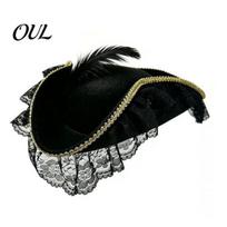 Vintage Style Costume Hat Halloween Pirate Hat, Captain Accessory, with Burgundy Lace Photo Prop And Feathered Decor, Lightweight Buccaneer Cap D black