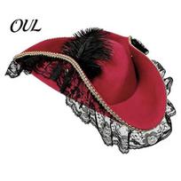 Vintage Style Costume Hat Halloween Pirate Hat, Captain Accessory, with Burgundy Lace Photo Prop And Feathered Decor, Lightweight Buccaneer Cap C