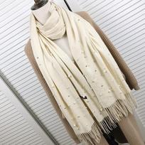 Žieminis kašmyro šalis su perlais moteriškais kutais, apklotai ir skaros, ilgas musulmoniškas hidžabas, moteriškas foulard, karoliukais puošta vilnos pashmina beige