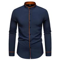 Spring and autumn men's long-sleeved solid color shirt, stand-up collar comfortable button-down fashionable slim shirt XS tamsiai mėlyna spalva