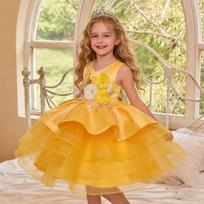 Girls Princess Wedding Dress Multi Layer Tulle Puffy Performance Gown 130cm geltona