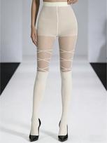 1 / 2 Pairs Women Fake Bandage Sheer Tights Black & White Stretchy Pantyhose Stockings L white