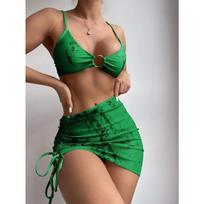 Seksualus moteriškas maudymosi kostiumėlis su pakietintu biustu, paplūdimio drabužiai, maudymosi kostiumėlis, vasarinis trijų dalių bikini, moteriškas maudymosi kostiumėlis, stringų bikini su sijonu S žalia