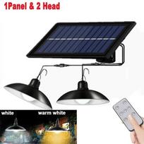 1 skydelis su saulės energija varomas pakabinamas šviestuvas su 1/2 LED saulės energija varoma lempa su nuotolinio valdymo pulteliu. 2head-Warm light-1000LM black