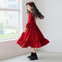 Cute Vintage Girls Lolita Long Sleeve Princess Long Dress For Kids Children 165cm raudona