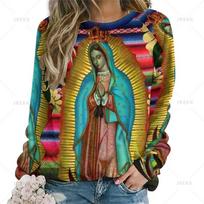 Vintažiniai 3D spaudos vokiški Diego De Guadalupe Mergelės Marijos moteriški unisex mados gatvės stiliaus apvalaus kaklo džemperiai su gobtuvu viršus 6XL blue
