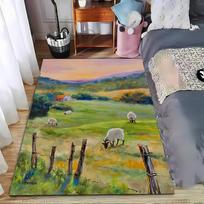 Rural Farm Landscape Carpet with Sheep Grazing, Pastoral Art Style Suitable for use as an anti-slip for living room bedroom sofas 40x60cm( 15x23in ) black