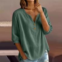 Women Linen Cotton Henley Neck Button Front Three Quarter Sleeve Loose Fit Casual Blouse Shirt Top for Daily Wear L žalia