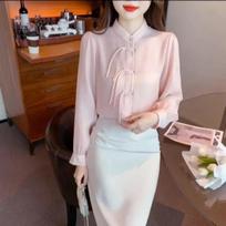 Women's Chinese Style Mandarin Collar Blouse with Frog Buttons Long Sleeve Elegant Casual Office Top S white