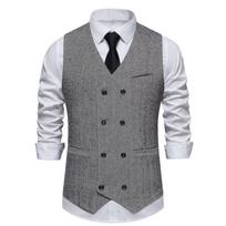 Men's Herringbone Double Breasted Waistcoat, Spring Autumn Casual Suit Vest Jacket, Men's Formal Business Waistcoat Top XXL gray