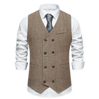 Men's Herringbone Double Breasted Waistcoat, Spring Autumn Casual Suit Vest Jacket, Men's Formal Business Waistcoat Top XXL tamsiai ruda spalva