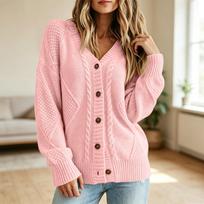 Women's Color Long Sleeve V Neck Buttoned Cable Knit Cardigan Sweater XXL rožinė