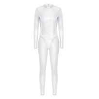 Moteriškas metalinis blizgus ilgomis rankovėmis pilno kūno kombinezonas Užtrauktukas nugaroje Catsuit Bodysuit Klubinė apranga M sidabras