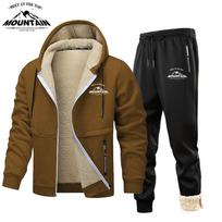 Vyriškas spausdintas avies kašmyro komplektas Žieminis sportinis kostiumas su gobtuvu megztinis + kelnės 2 dalių komplektas Vilnos storas sportinis kostiumas Vyriški drabužiai 2XL beige