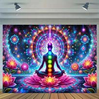 Radiant Meditation Surrounded by Vibrant Colorful Flowers Tapestry Wall Hanging Background Cloth Bedroom Living Room Home Decor 100X70CM blue