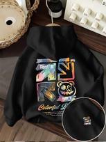 Vibrant Graffiti Bear Kids Hoodie Hip‑hop Style Back Print Autumn Winter Fleece Warm Children Streetwear Hooded Sweatshirt 140 black