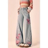 Korean Vintage Y2K Wide Leg Baggy Denim Trouser Fashion Women Casual High Waist Pants Butterfly Print Blue Straight Jeans L gray