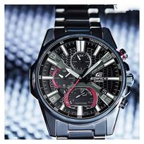 CASIO EDIFICE Series Classic Solar Powered Dual Display Thin Business Watch Bluetooth Connection Quartz Steel Strap Men's Watch Black EQB-1200YD-1APR juoda