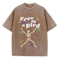 Women Washed T-Shirts Free As Bird Skeleton Man Printed Tee Shirts Comfortable Cotton Oversize Tees Clothes 3XL brown