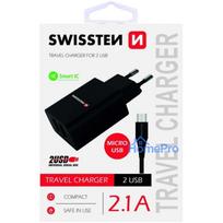 Swissten Smart IC Travel 2xUSB-A 2.1A / 10.5W + Micro USB 1.2m Black