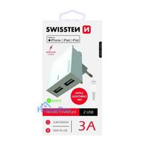 Swissten MFI Premium Travel Charger 2 x USB 3А 15W + Lightning Cable White