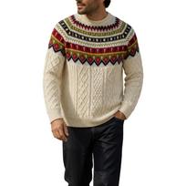 Men's Retro Geometric Cable Knit Neck Long Sleeve Pullover Sweater for Fall Winter S smėlis
