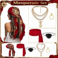 Pirate Costume Accessory Set Includes Headscarf Bandana Waist Belt Necklace Bracelet and Eye Patch for Halloween Party Cosplay One Size