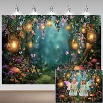 Enchanted Forest Backdrop, Fairy Woodland Forest Mushroom Party Decorations Backdrop, Fairy Tale Butterfly Garden Backdr 59x51.1inch/150*130cm blue