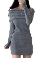 Coco Yuka Knit Tight Mini Sexy Tunic Dress with Long with Shoulder Straps Size & Off-the-Shoulder Dress, Sleeves, Off-the-Shoulder, Cute, Women's, pilka spalva