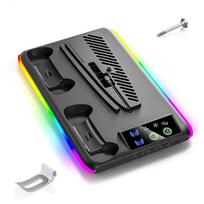 PS5/SLIM/PRO aušinimo stotelė: Daugiafunkcinis stovas su ventiliatoriumi, dvigubo valdiklio įkrovikliu ir RGB apšvietimu juoda