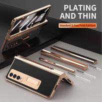 With S Pen Fold 7 Plating Leather Case For Samsung Galaxy Z Fold 7 6 5 4360 Full Screen Protector Magnetic Kickstand Phone Cover For Samsung Z Fold 7 gray