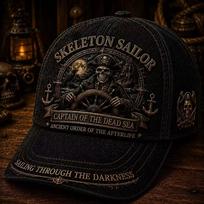 American retro pirate captain D three-dimensional printing baseball cap, skull double knife compass embroidered cap black