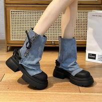 Moteriški Aulinukai Rudens Kniedžių Dekoracija Stambūs Kulniukai Džinsiniai Batai Apvalus Pirštas Patogūs Vakarų Kaubojaus Batai Botines Mujer 37 mėlyna