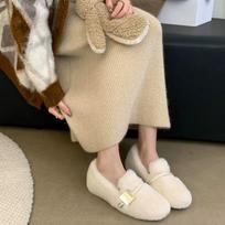 New Style Fashion Fur Flats Women Loafers Short Plush Warm Cotton Shoes Comfortable Trend Designer Walking Shoes Casual Femme 38 smėlis