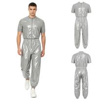 Men Waterproof Sauna Suit Jumpsuit Short Sleeve Front Zip Elastic Waist Side Pockets Jogging Pants Raincoat for Fitness Training S gray