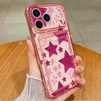 Spalvingas Vaivorykštės Žvaigždės Kortelės Lizdo Dėklas iPhone 18 Pro Max, iPhone 17 16 15 14 13 Pro Max 17E, Skaidrus Kortelių Laikiklio Dangtelis iPhone 14 pink
