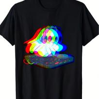 Ghost DJ Trippy Glitch Effect Graphic Tee Men's Casual Short Sleeve Cotton T-Shirt Music Festival Outfit Party 3XL blue
