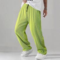 Men's Pleated Wide Leg Pants Casual Elastic Waist Drawstring Loose Trousers For Streetwear XL žalia