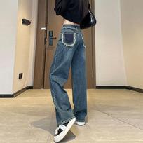 Wide Leg Jeans Women's Raw Edge High Waist Loose Straight Pants Patchwork Pockets Design Drag Pants XL mėlyna