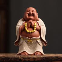 New Chinese Zen ceramic Zhaocai Maitreya Buddha decoration sitting room porch desk Buddha decoration table in teahouse 15X10X7.5CM brown
