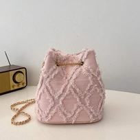 Style solid color plaid vintage denim crossbody bag pull rope open and close suitable for women's daily travel-ll gray