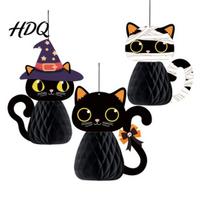 Indoor Outdoor Decor 3 Pcs Halloween Black Cat Honeycomb Ornaments, 3D Paper Zombie Ornament for Festival Witch Hanging Decorations Holiday black