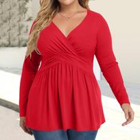 Women's Plus Size Shirt Long Sleeve  Print Top Pleated Casual V-Neck Top XXXL raudona