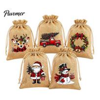 Christmas Craft Supplies Jute Burlap Gift Bags, Drawstring Treat Candy Tear Resistant Sacks Bag, Reusable Linen Packaging Pouch for Holiday 5pcs beige
