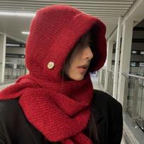 Knitted Hooded Caps for Women Balaclava Hats Winter Warm Windproof Neck Cover Scarf Cap One-piece Ski Beanies Bonnets for Women raudona