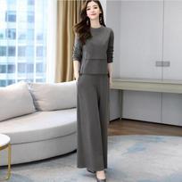 Women's Spring Fall Wide Leg Pants Set – Youthful Slimming Two Piece Tunic Top and Trousers Outfit 4XL pilka