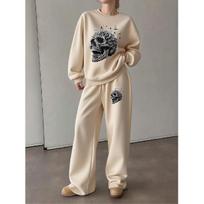 Women's Crewneck Sweatshirt & Drawstring Straight-Leg Pants 2-Piece Set, Edgy Skull Print Lounge Set, Relaxed Fit & Versatile Casual Wear 5XL abrikosas