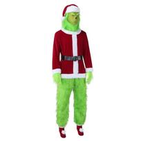 Halloween Green-haired Grinch Santa Claus in Fur Pants Suit XXL brown