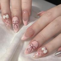 Pink Bow Design Press On Nails Sweet Fake Nail Tips suit gray