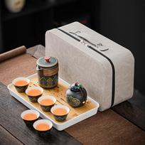 Outdoor camping travel Kung Fu tea set, teapot, ceramic Kuaike teacup, tea tray, portable Guochao gifts white